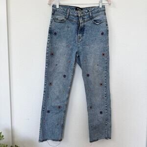 DESIGUAL Embroidered Straight Leg Jeans Blue Boho Raw Hem Festival EU 40